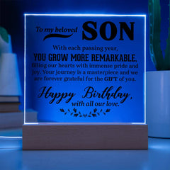 Gift For My Beloved Son, Square Acrylic Plaque for Son, Custom Printed Gift, Birthday, Graduation, or Christmas Keepsake