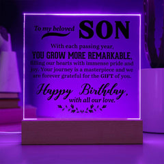 Gift For My Beloved Son, Square Acrylic Plaque for Son, Custom Printed Gift, Birthday, Graduation, or Christmas Keepsake
