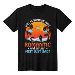 Black T-shirt with a colorful 'Seasonal Vibes' design, depicting a sunset, palm trees, and a witty phrase about seasonal mist.