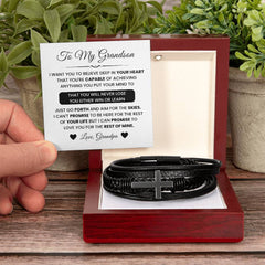 Stylish Cross Bracelet for Grandson, Men’s Leather Jewelry Gift for Special Celebrations