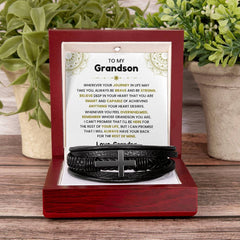 Men’s Cross Leather Bracelet for Grandson, Thoughtful Jewelry Gift for Faith & Strength