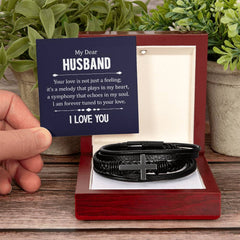 Black Leather Men’s Bracelet, Cross Design with Gift Box & Sentimental Card, Modern Jewelry Gift