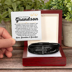 Men’s Leather Cross Bracelet, Gifts for Grandson, Fashionable Faith Jewelry Keepsake