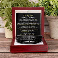 Stylish Men’s Cross Bracelet For Son, Leather Jewelry Gift for Son, Faith & Strength