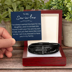 Christian Son-in-Law Gift, Black Leather Cross Bracelet with Message Card, Gifts For Son-in-Law