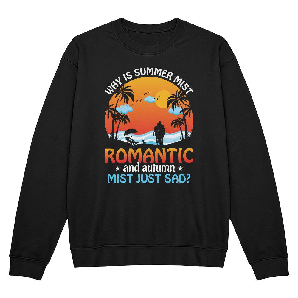 Black crewneck sweatshirt featuring a humorous 'Seasonal Vibes' design with a sunset, palm trees, and text about summer and autumn mist.