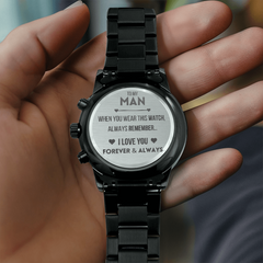 Gift For Boyfriend, Engraved Black Chronograph Watch, Stylish Gift for Him, Modern Timepiece, Anniversary Present, Elegant Keepsake