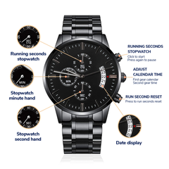 Gift For Boyfriend, Engraved Black Chronograph Watch, Stylish Gift for Him, Modern Timepiece, Anniversary Present, Elegant Keepsake