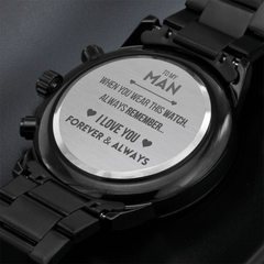 Gift For Boyfriend, Engraved Black Chronograph Watch, Stylish Gift for Him, Modern Timepiece, Anniversary Present, Elegant Keepsake