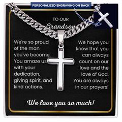 Personalized Grandson Cross Necklace, Engraved Cuban Link Chain, Religious Jewelry Gift, Teen & Young Men Accessory