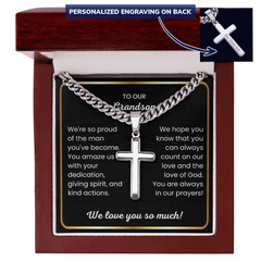 Personalized Grandson Cross Necklace, Engraved Cuban Link Chain, Religious Jewelry Gift, Teen & Young Men Accessory
